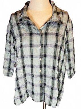 🩵Cut Loose Button Down Shirt Plaid Crinkle Blue Lagenlook • Made in USA